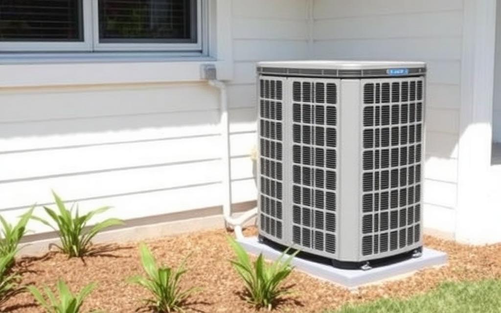 Illustrative example of a clean outdoor AC condenser unit with clear space around it