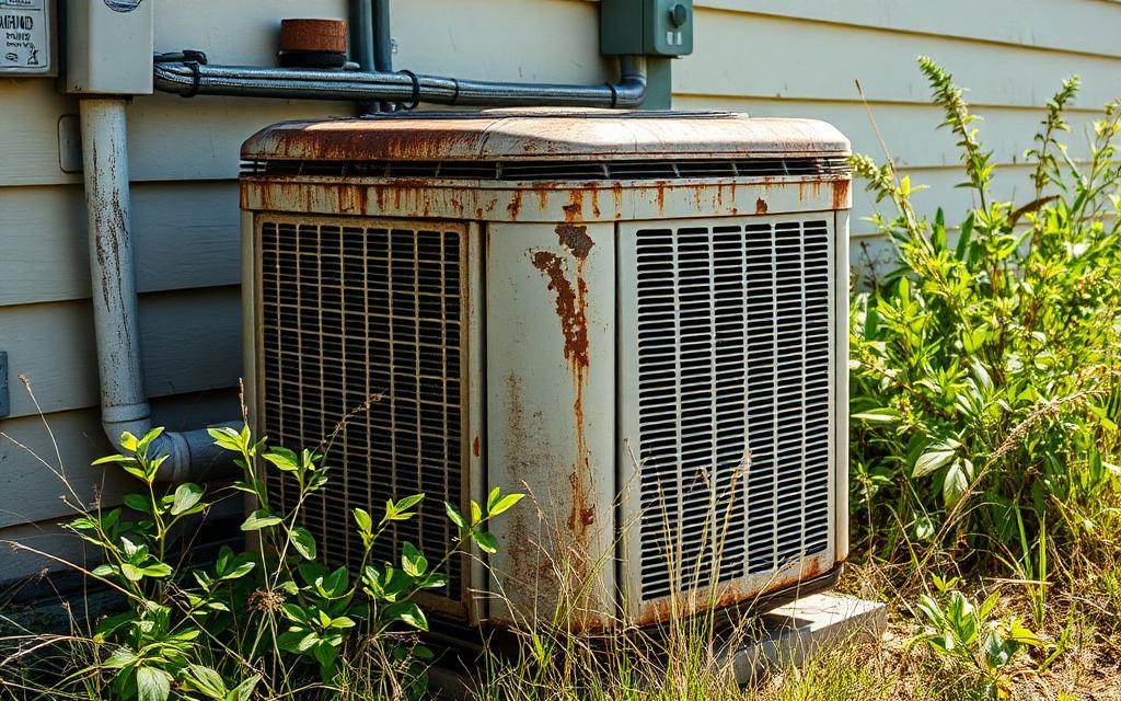 Illustrative example of a rusty, weed-covered outdoor AC condenser unit with a blocked grille