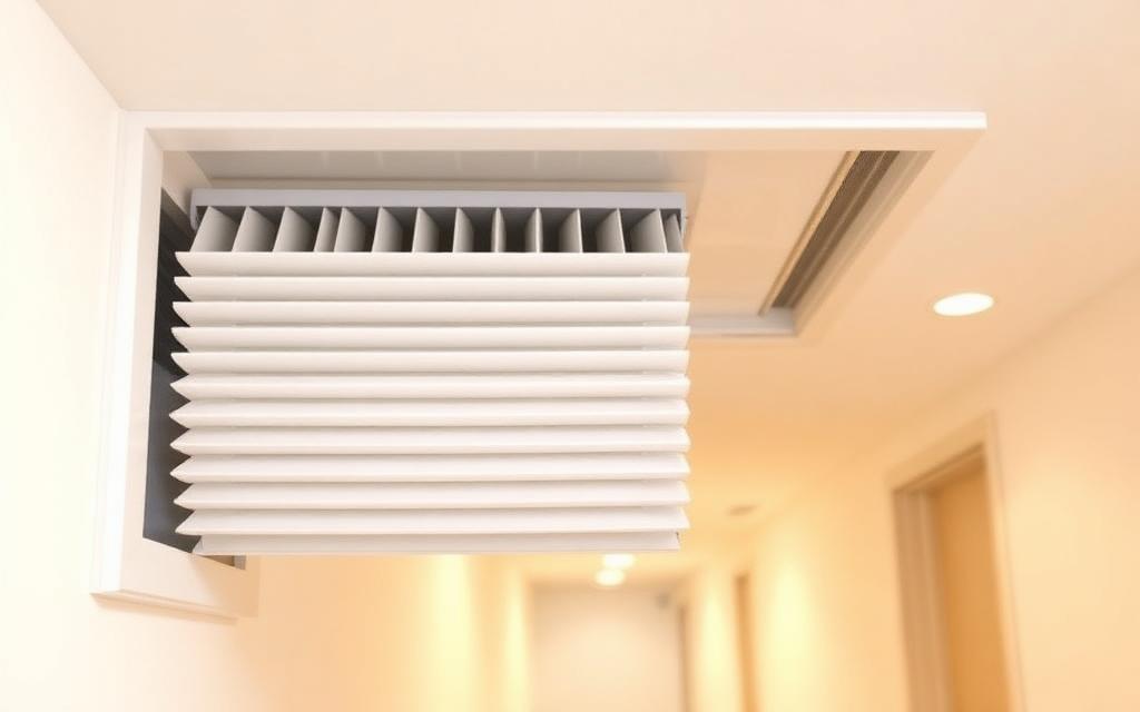 Illustrative example of a clean new pleated air filter installed in a ceiling return vent