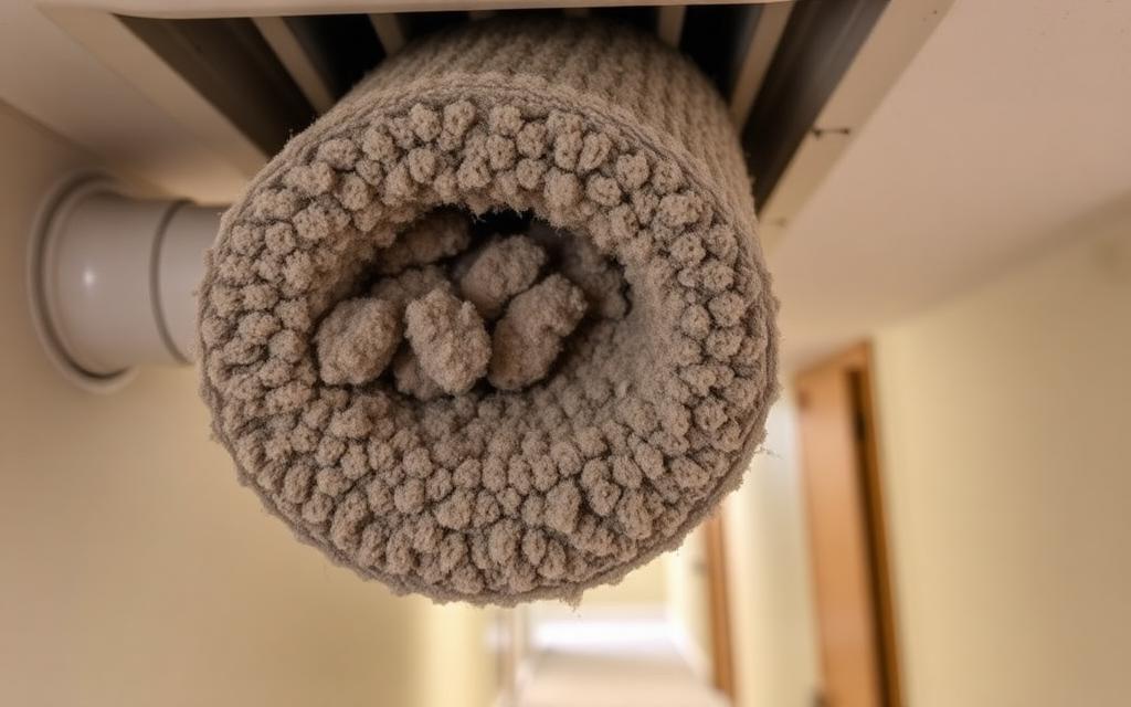 Illustrative example of a heavily dust-clogged air conditioning filter at a return vent