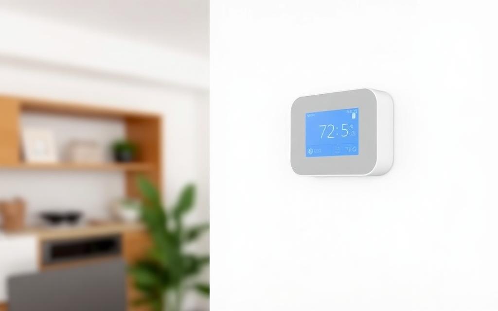 Illustrative example of a modern digital smart thermostat mounted on a clean white wall