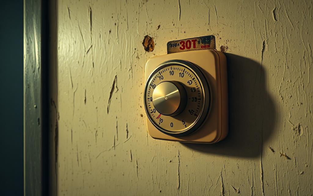 Illustrative example of an old beige dial thermostat on a scuffed wall
