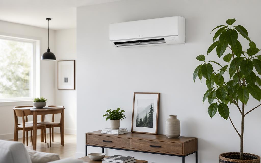 Illustrative example of a clean white ductless mini-split unit in a bright living room