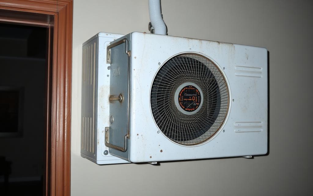 Illustrative example of a grimy wall-mounted mini-split air handler with dirty louvers