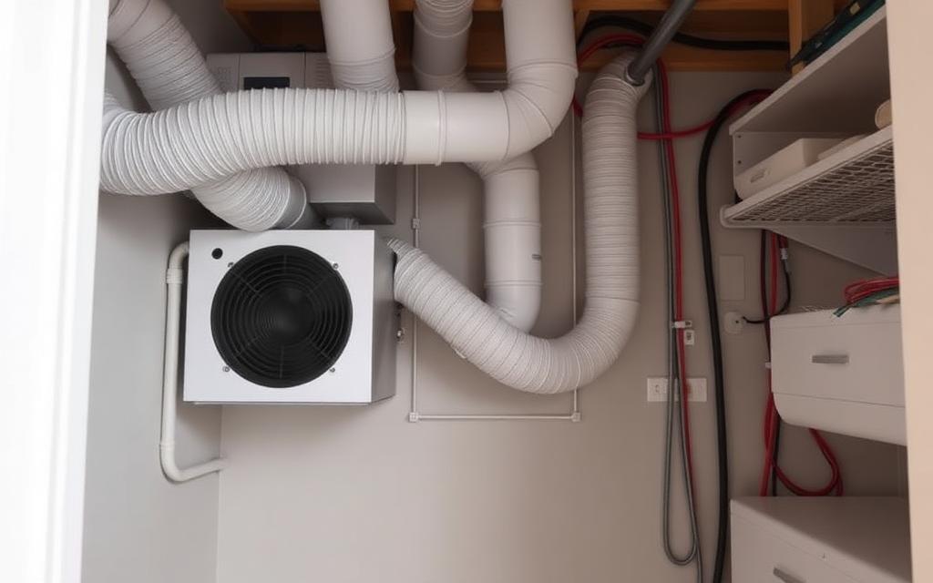 Illustrative example of a tidy air handler closet with straight sealed ducts and neat wiring