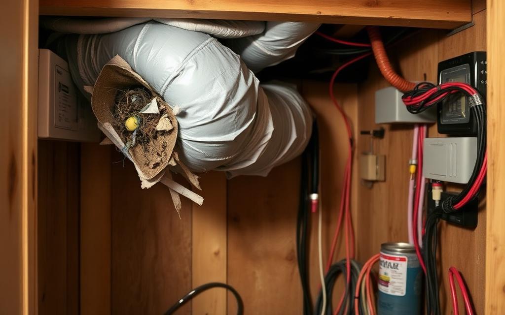 Illustrative example of a cluttered air handler closet with crushed duct and loose insulation